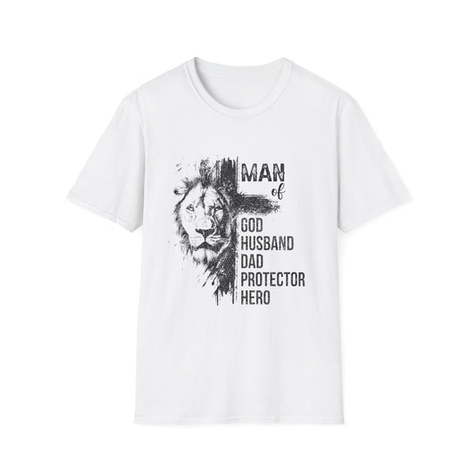 "Man of God: Husband, Dad, Protector, Hero" - T-Shirt