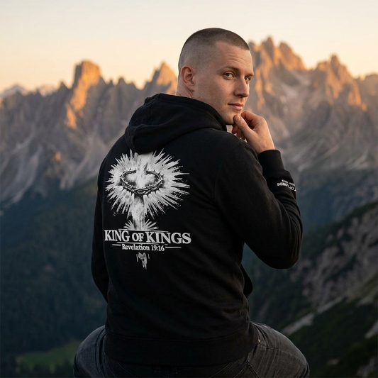 'King of Kings' Full-Zip Hoodie - Revelation 19:16 Cross Back Design