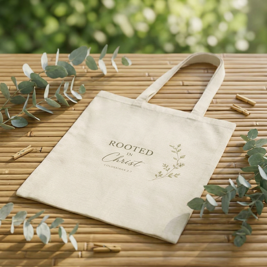 “Rooted in Christ” Canvas Tote Bag — Faith-Based Eco Grocery & Church Tote