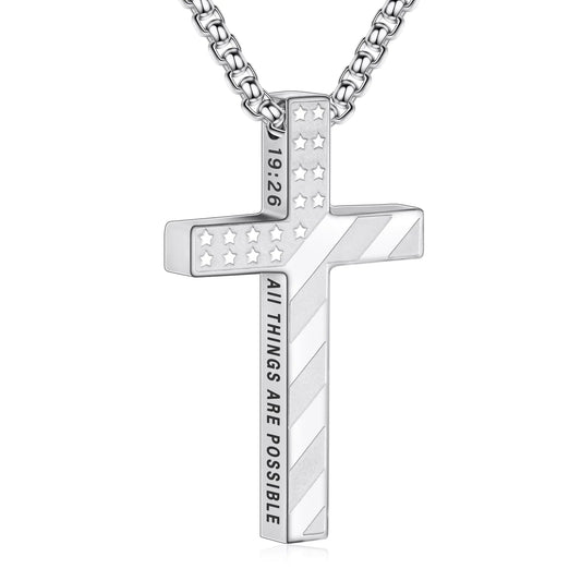 Lydow Cross Necklace for Men Boys Silver American Flag Bible Verse Stainless Steel Pendant Religious Christian Jewelry Gifts Teen Son Him 8-12 Confirmation First Communion Baptism Catholic 19:26