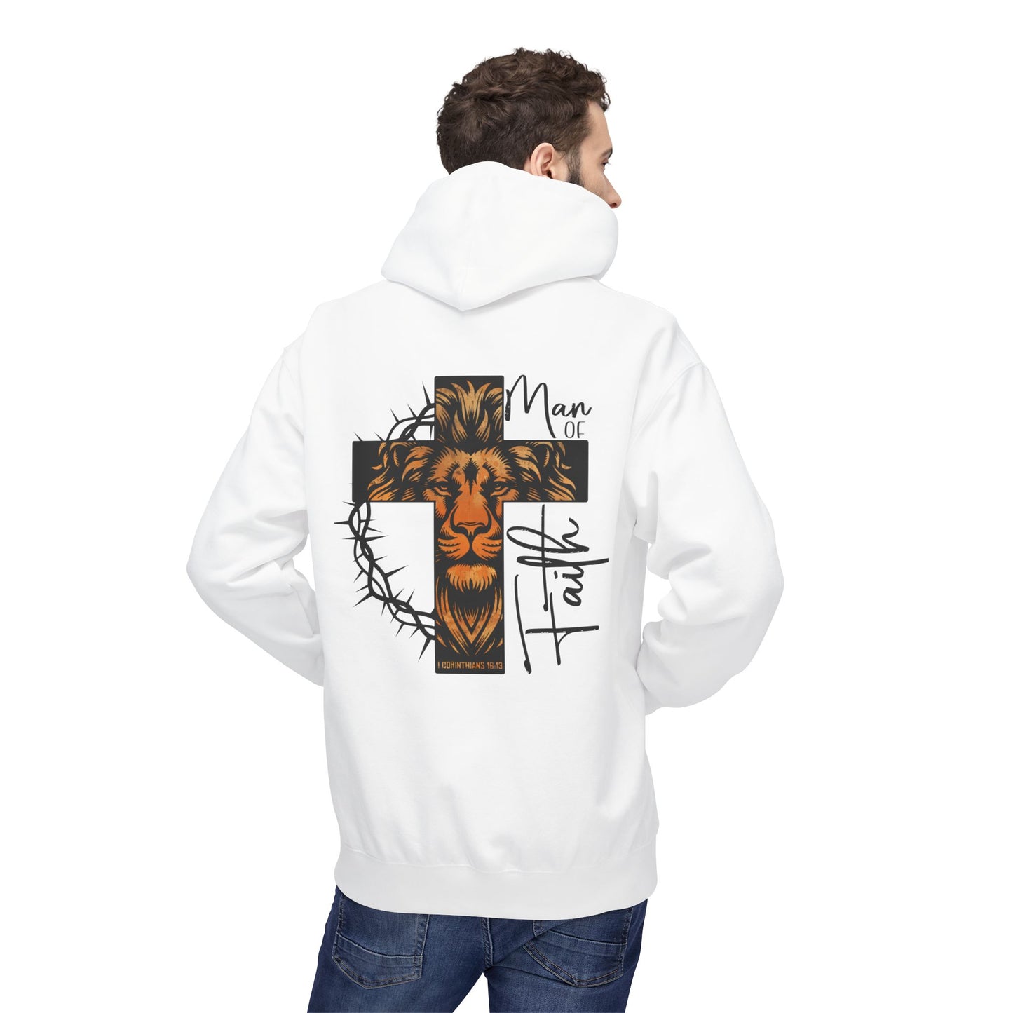 Faith Lion Cross Hoodie — “Man of Faith” Christian Graphic Hoodie