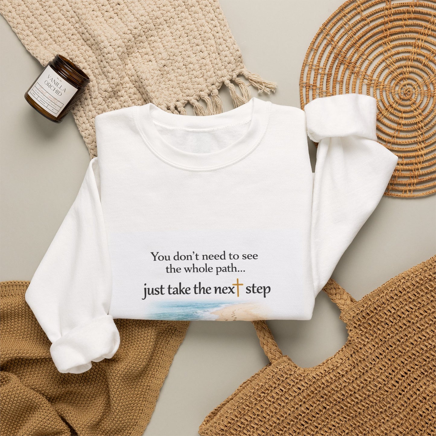 Christian Graphic Sweatshirt — “Just Take the Next Step” Garment-Dyed Faith Pullover