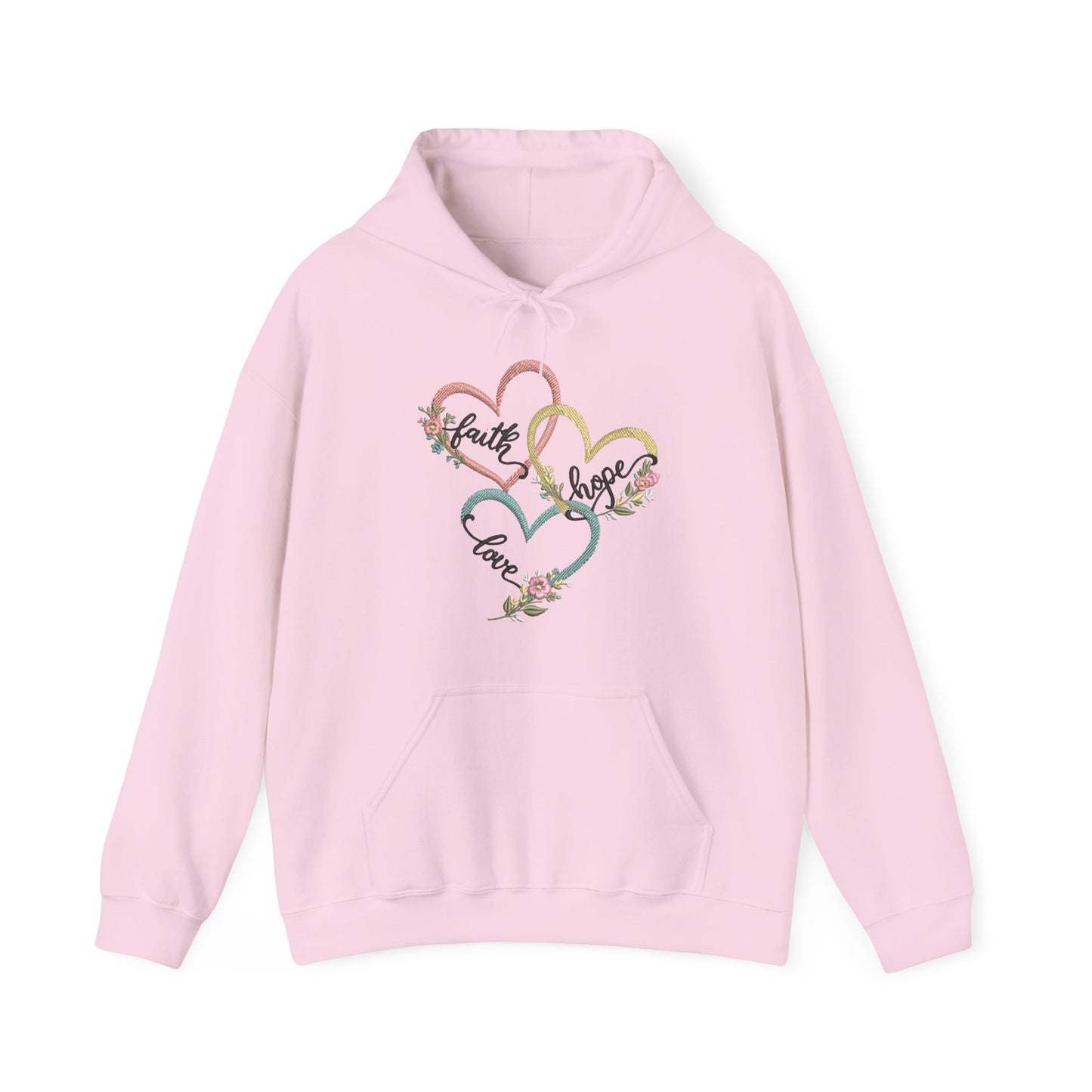 "Faith, Hope and Love" — Floral Heart Graphic Hooded Sweatshirt