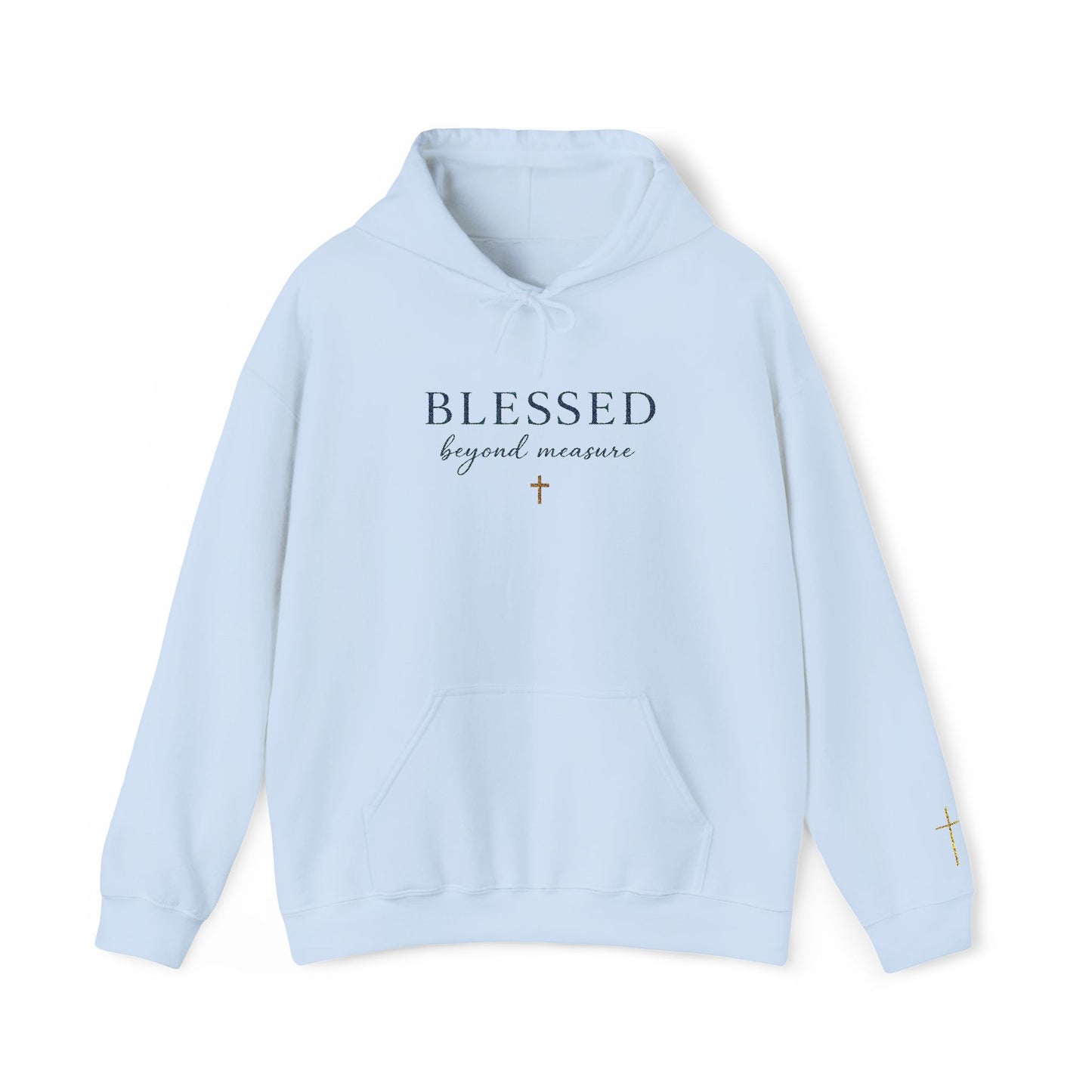 Embroidered "Blessed Beyond Measure" — Faith-Inspired White Pullover with Gold Cross