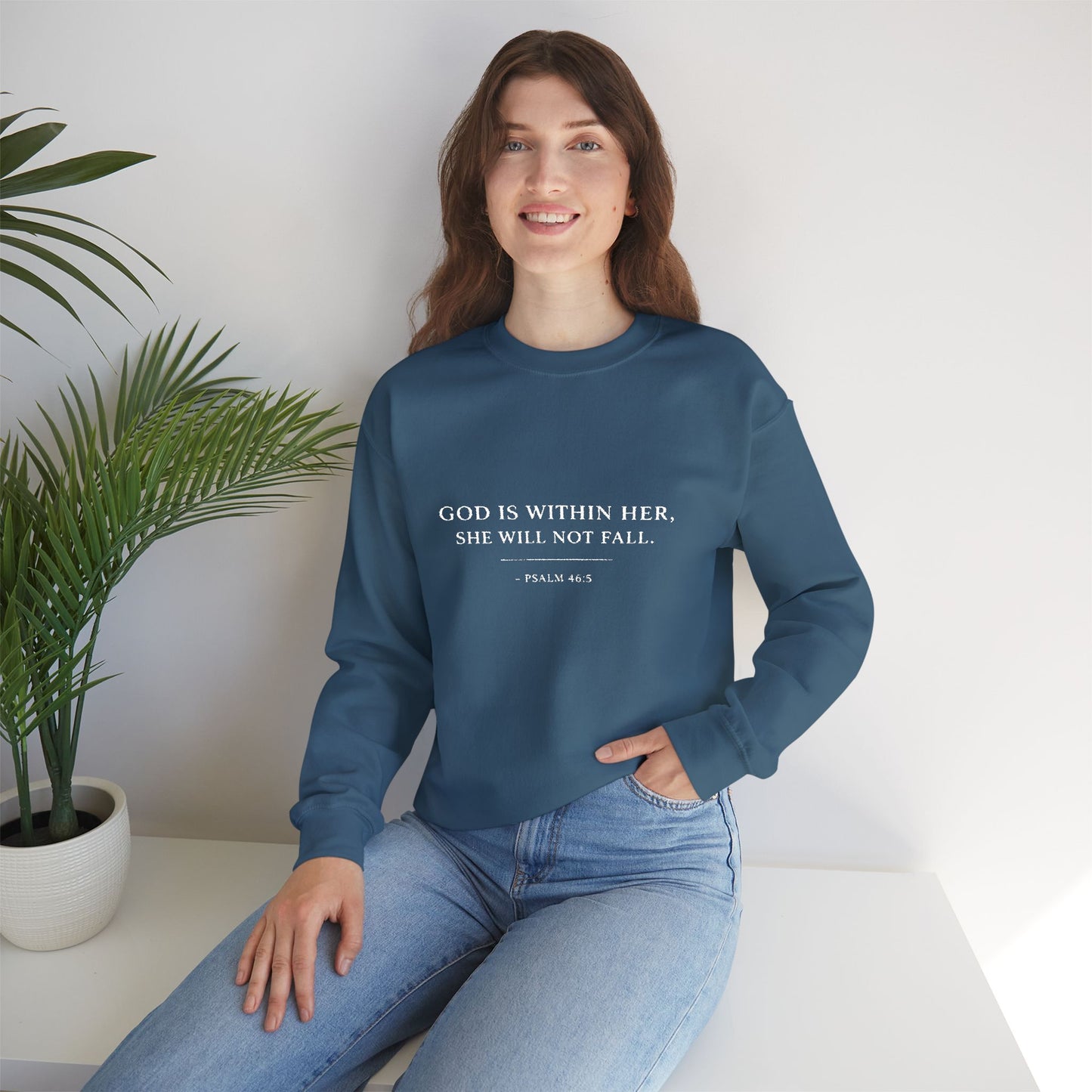 Embroidered "God Is Within Her, She Will Not Fail" Bible Verse Christian Pullover w/white text