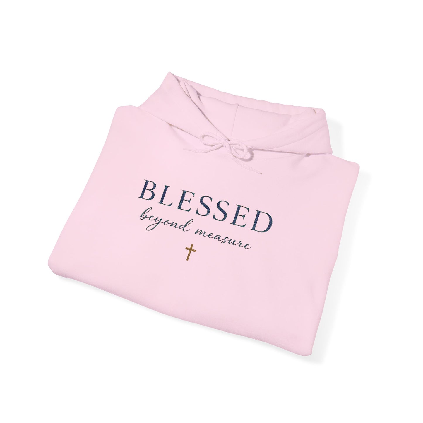 Embroidered "Blessed Beyond Measure" — Faith-Inspired White Pullover with Gold Cross