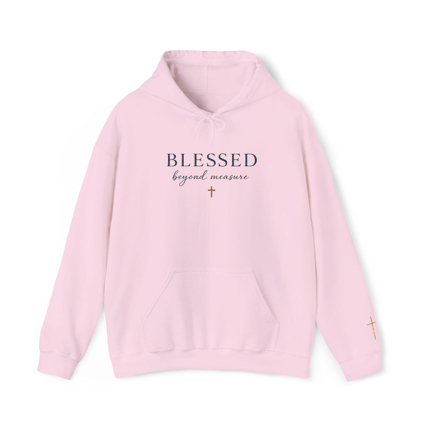 Embroidered "Blessed Beyond Measure" — Faith-Inspired White Pullover with Gold Cross
