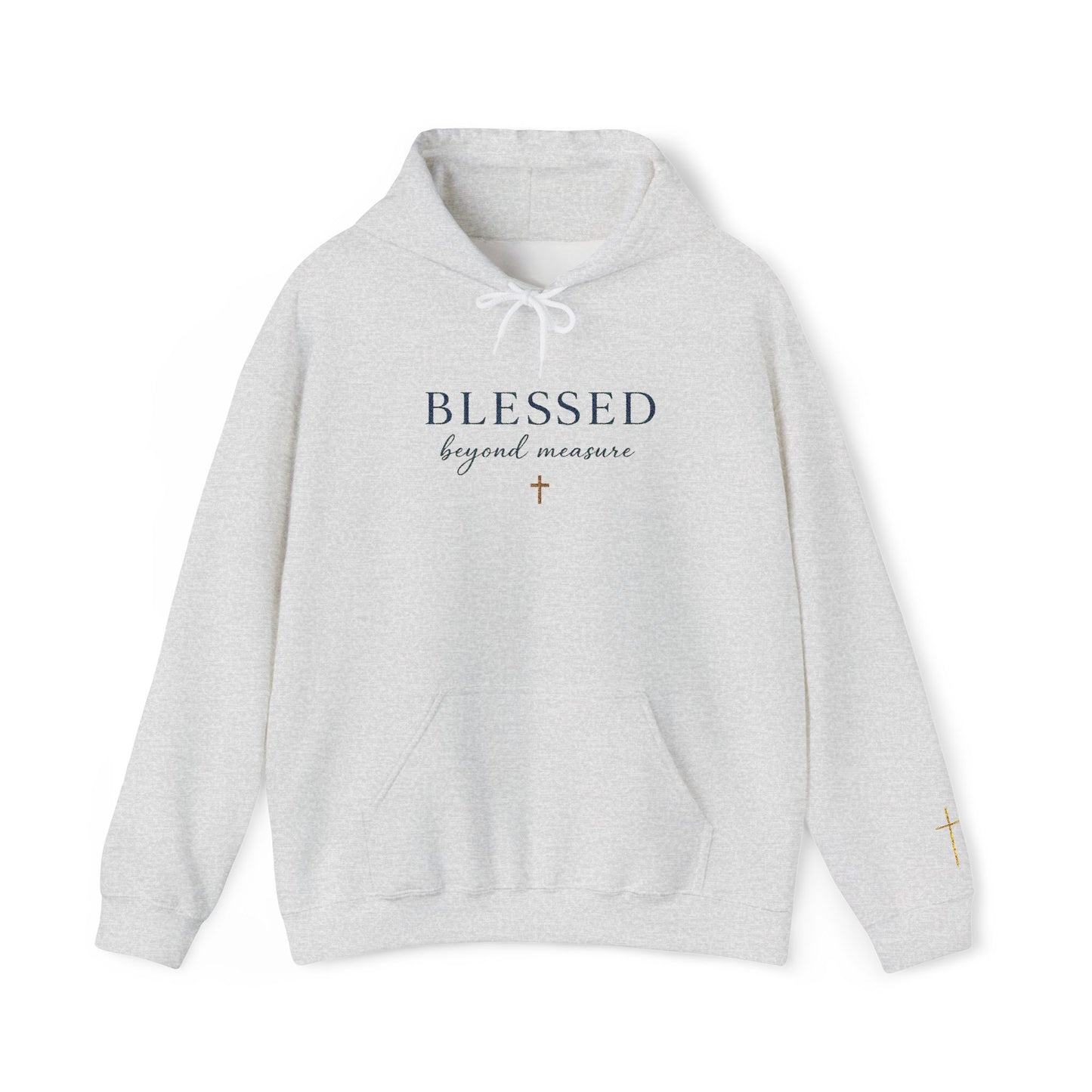 Embroidered "Blessed Beyond Measure" — Faith-Inspired White Pullover with Gold Cross