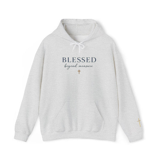 Embroidered "Blessed Beyond Measure" — Faith-Inspired White Pullover with Gold Cross