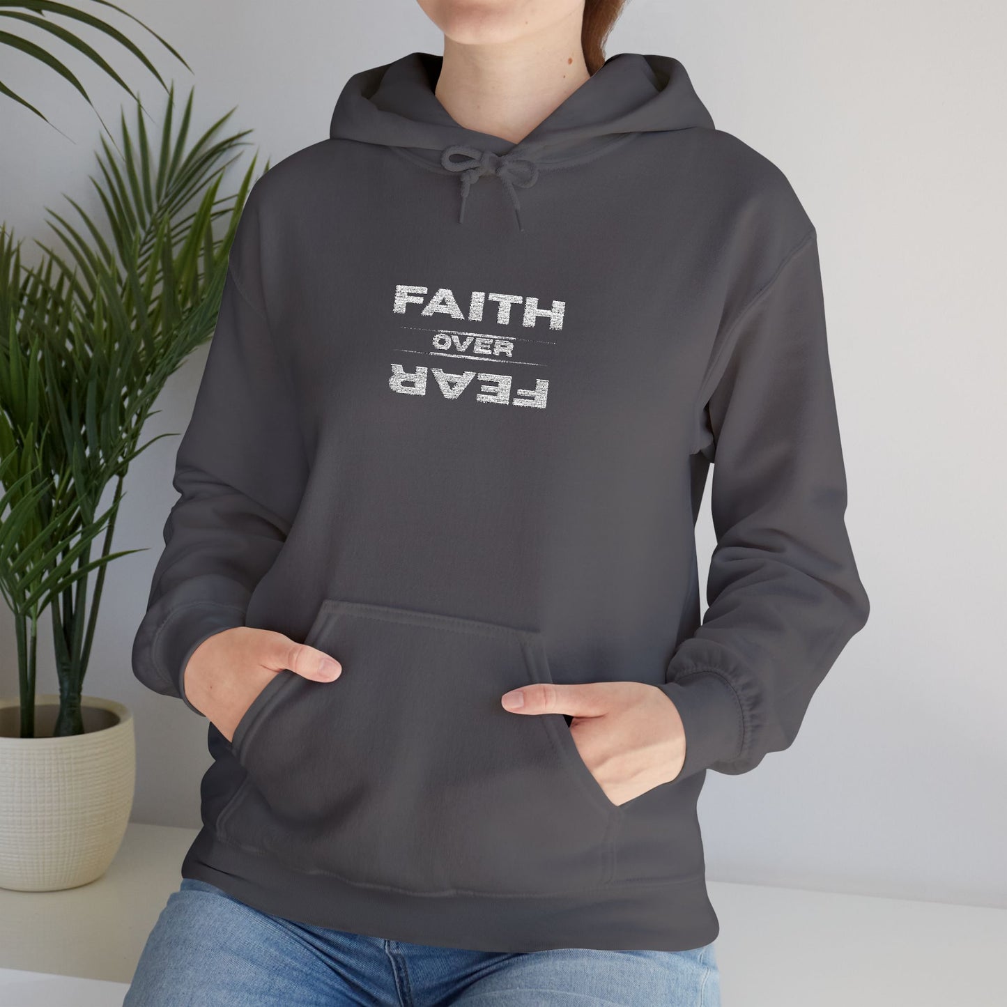 Embroidered "Faith Over Fear" Hoodie — Inspirational Christian Pullover White Lettering