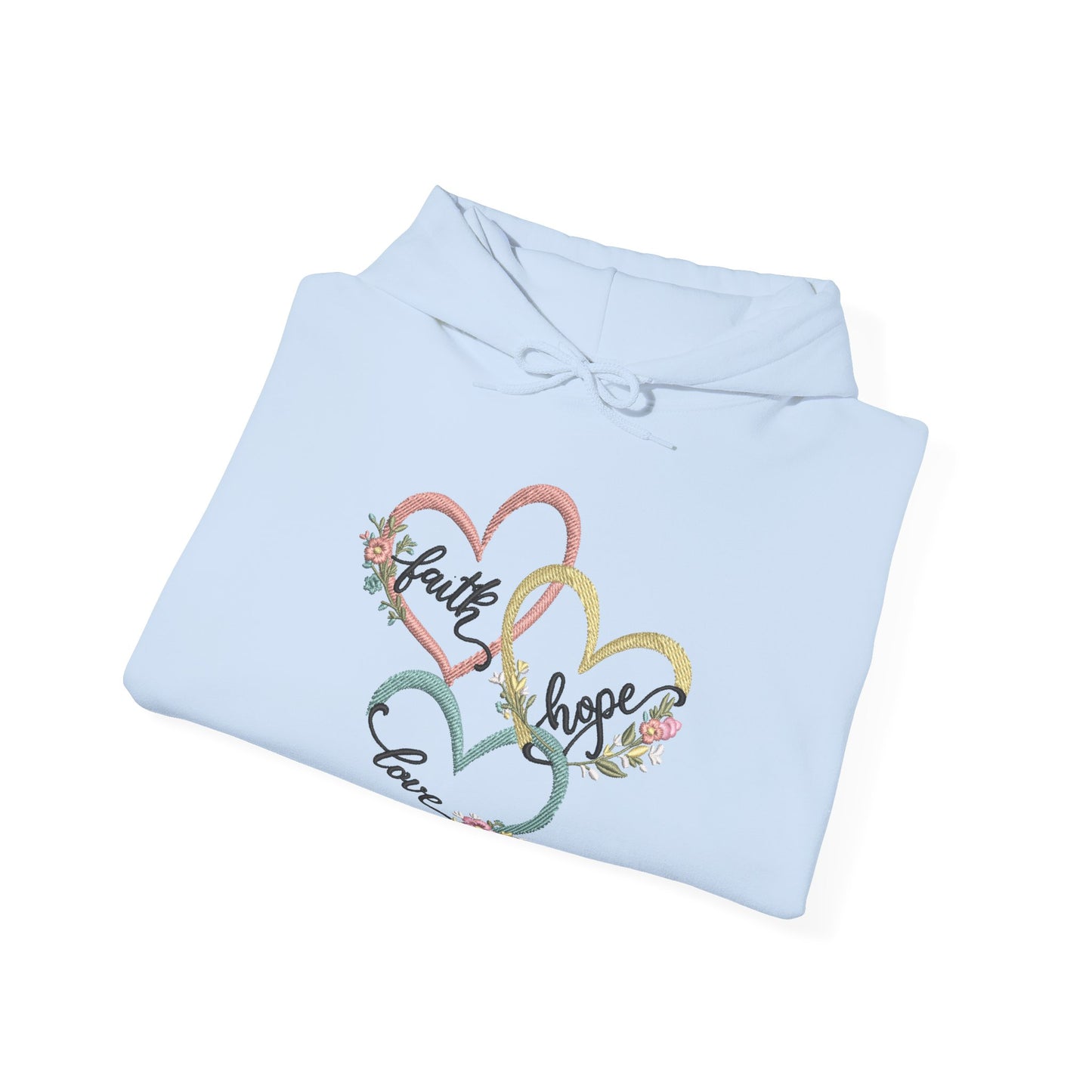 "Faith, Hope and Love" — Floral Heart Graphic Hooded Sweatshirt
