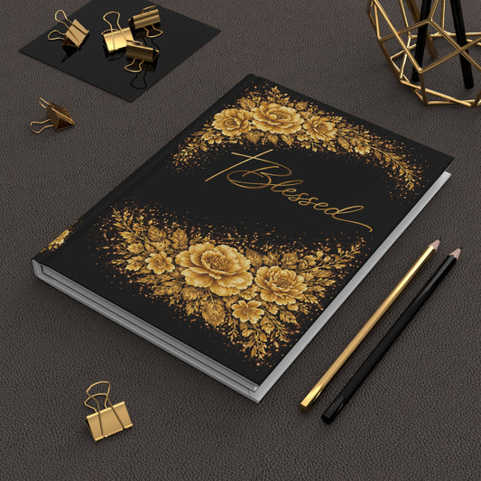 Blessed Gold Cross Floral Hardcover Journal — Matte Black