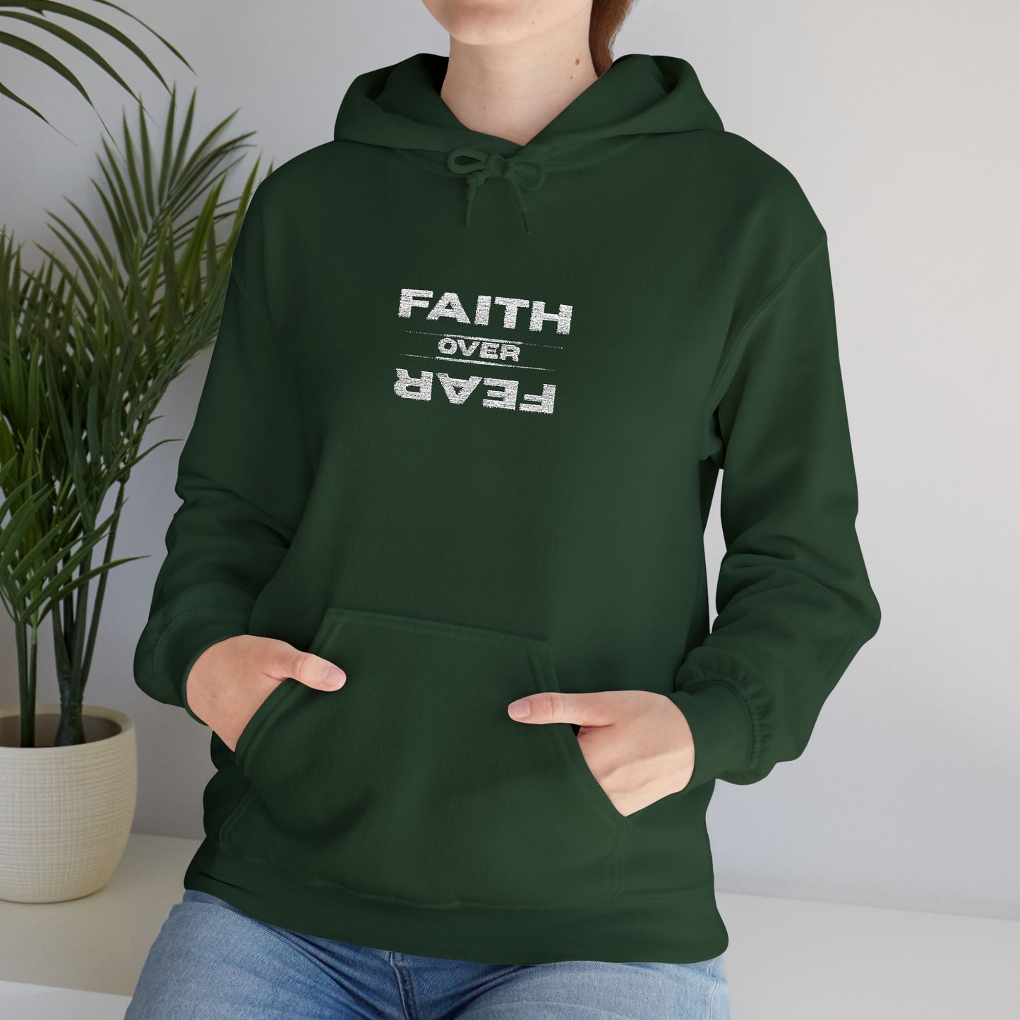 Embroidered "Faith Over Fear" Hoodie — Inspirational Christian Pullover White Lettering