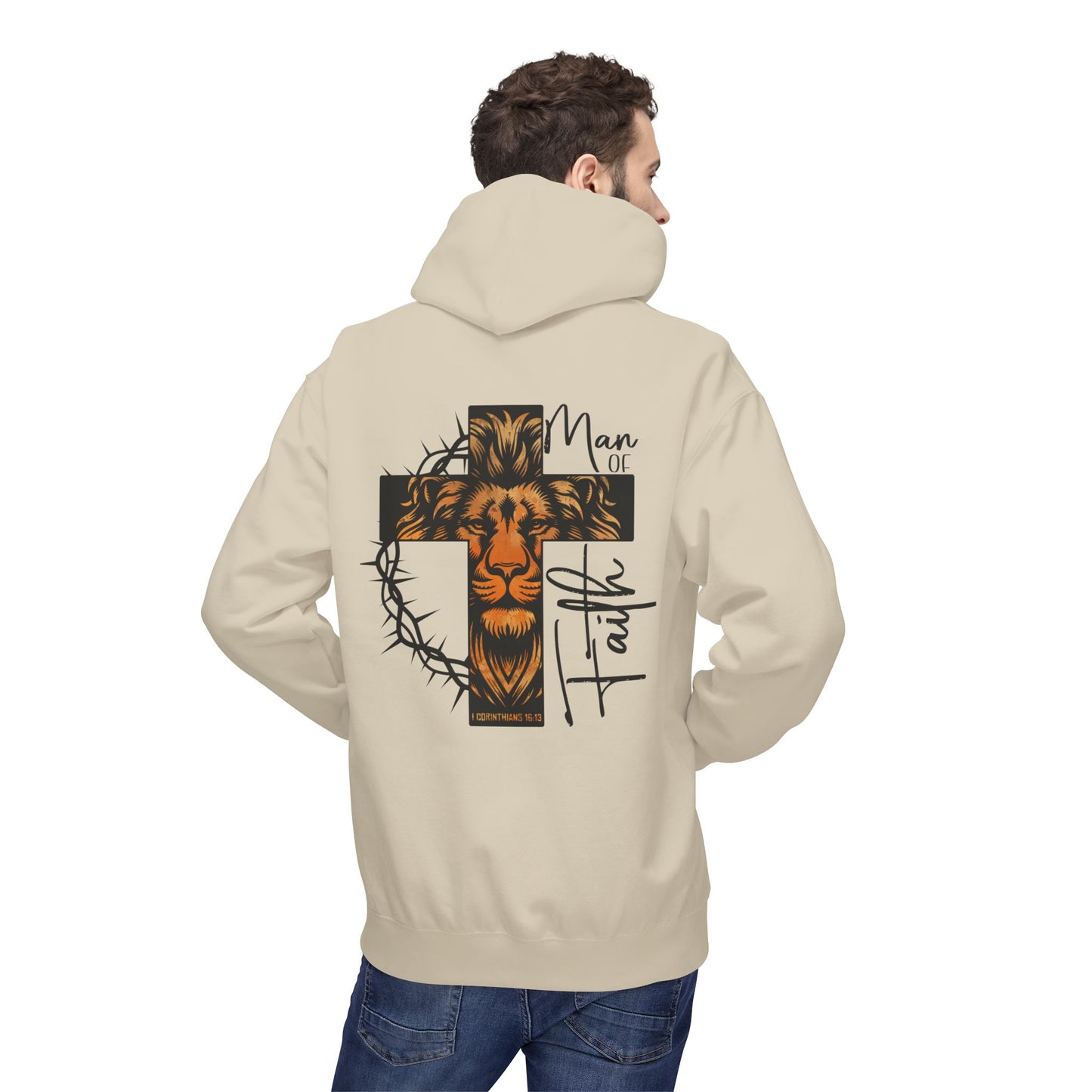 Faith Lion Cross Hoodie — “Man of Faith” Christian Graphic Hoodie