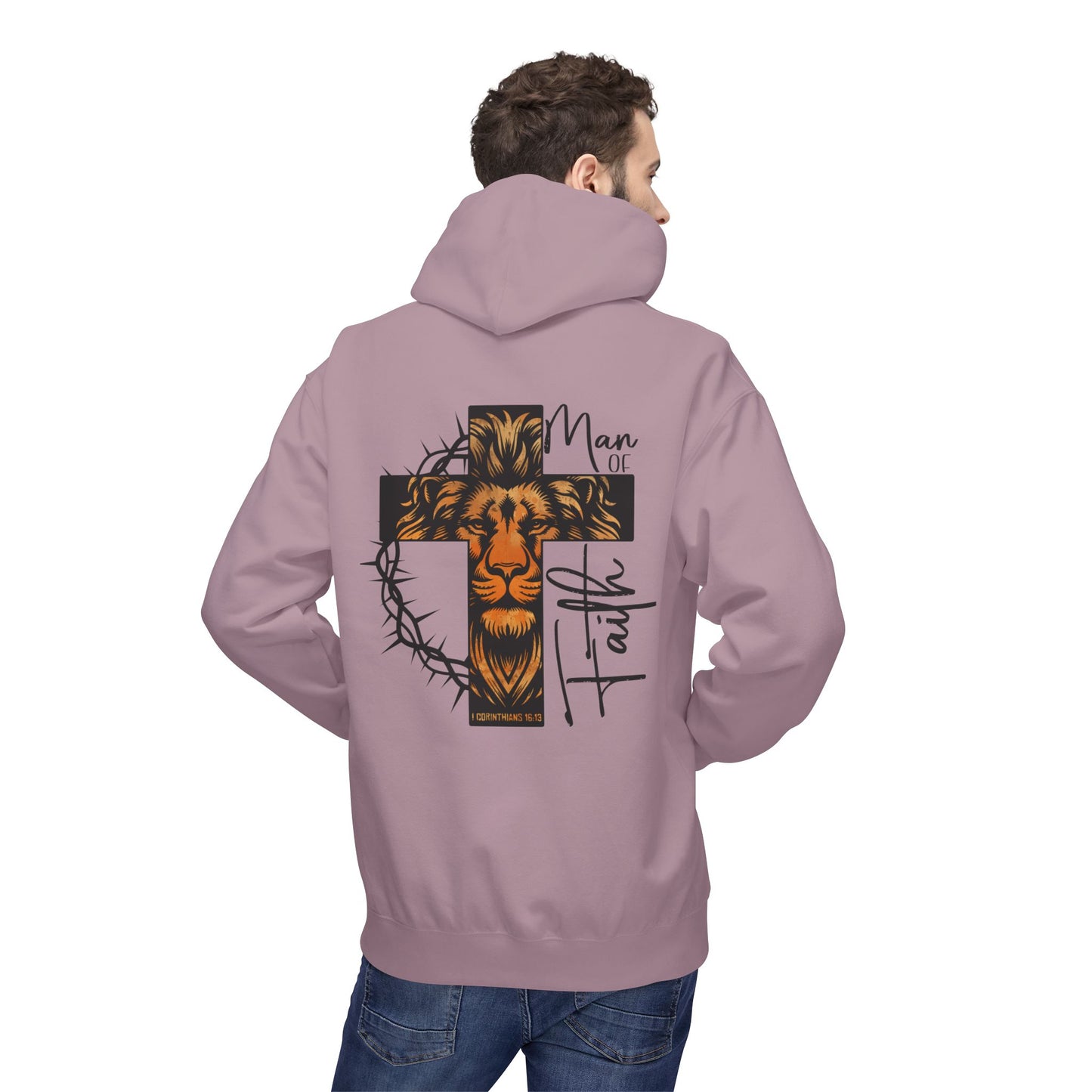Faith Lion Cross Hoodie — “Man of Faith” Christian Graphic Hoodie