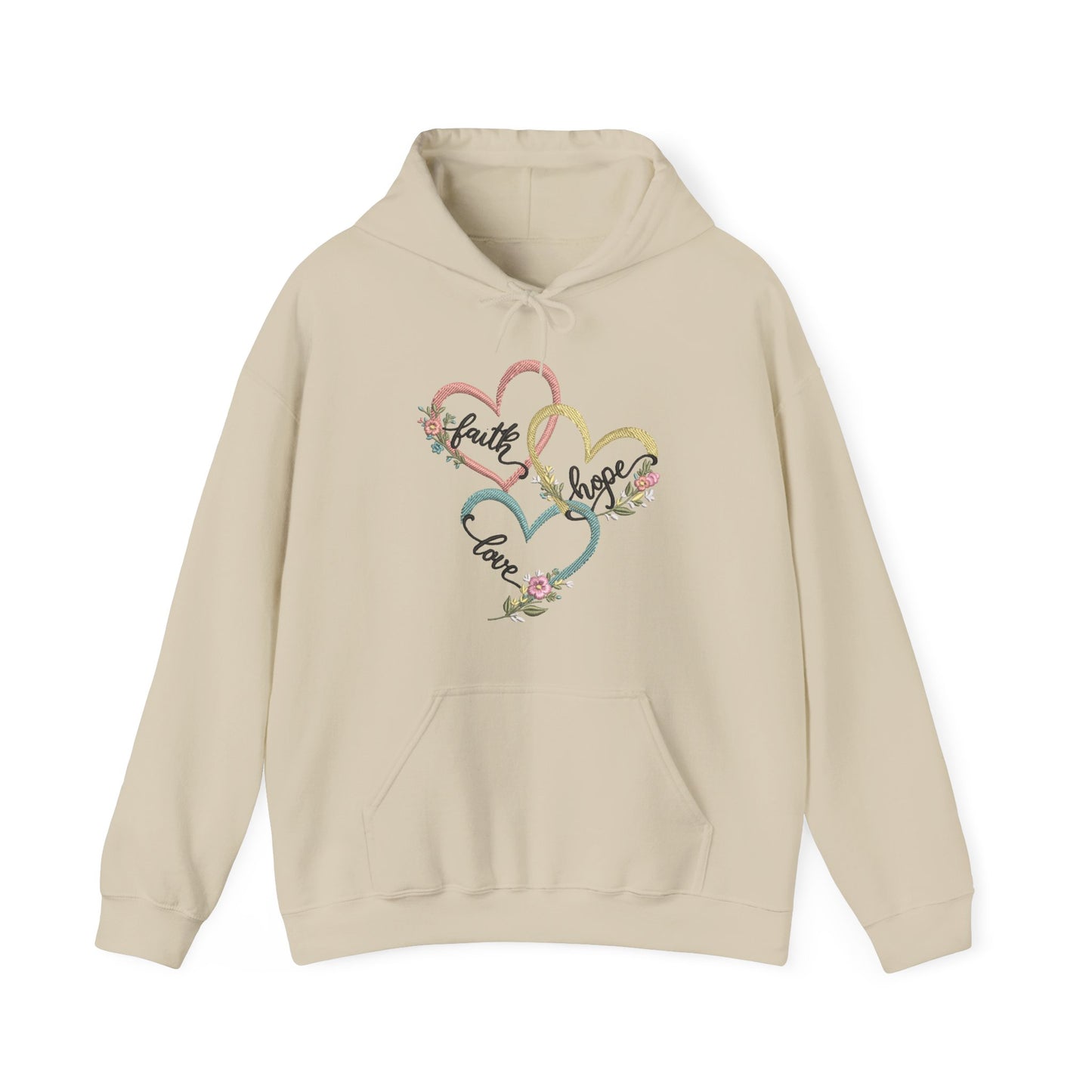 "Faith, Hope and Love" — Floral Heart Graphic Hooded Sweatshirt