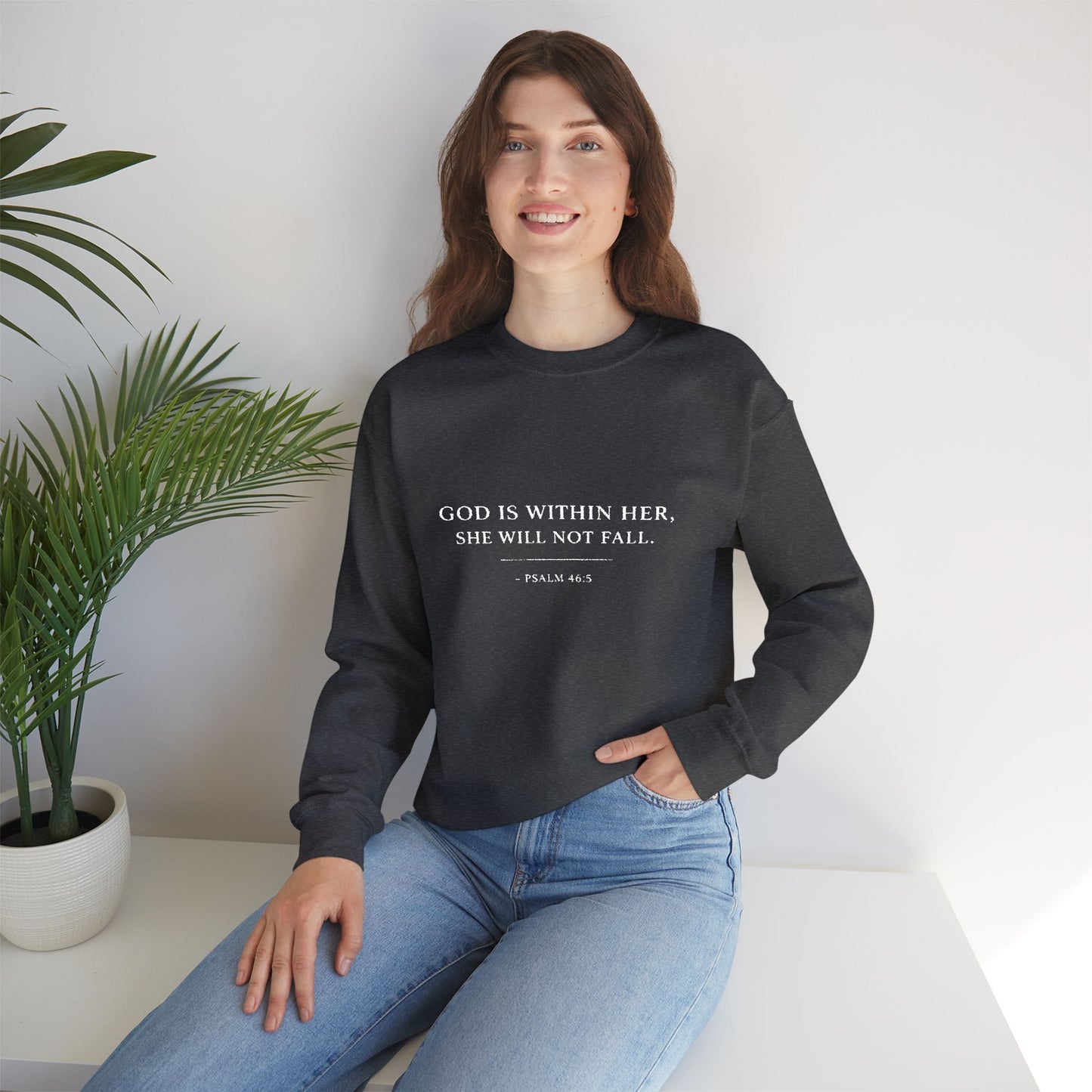 Embroidered "God Is Within Her, She Will Not Fail" Bible Verse Christian Pullover w/white text