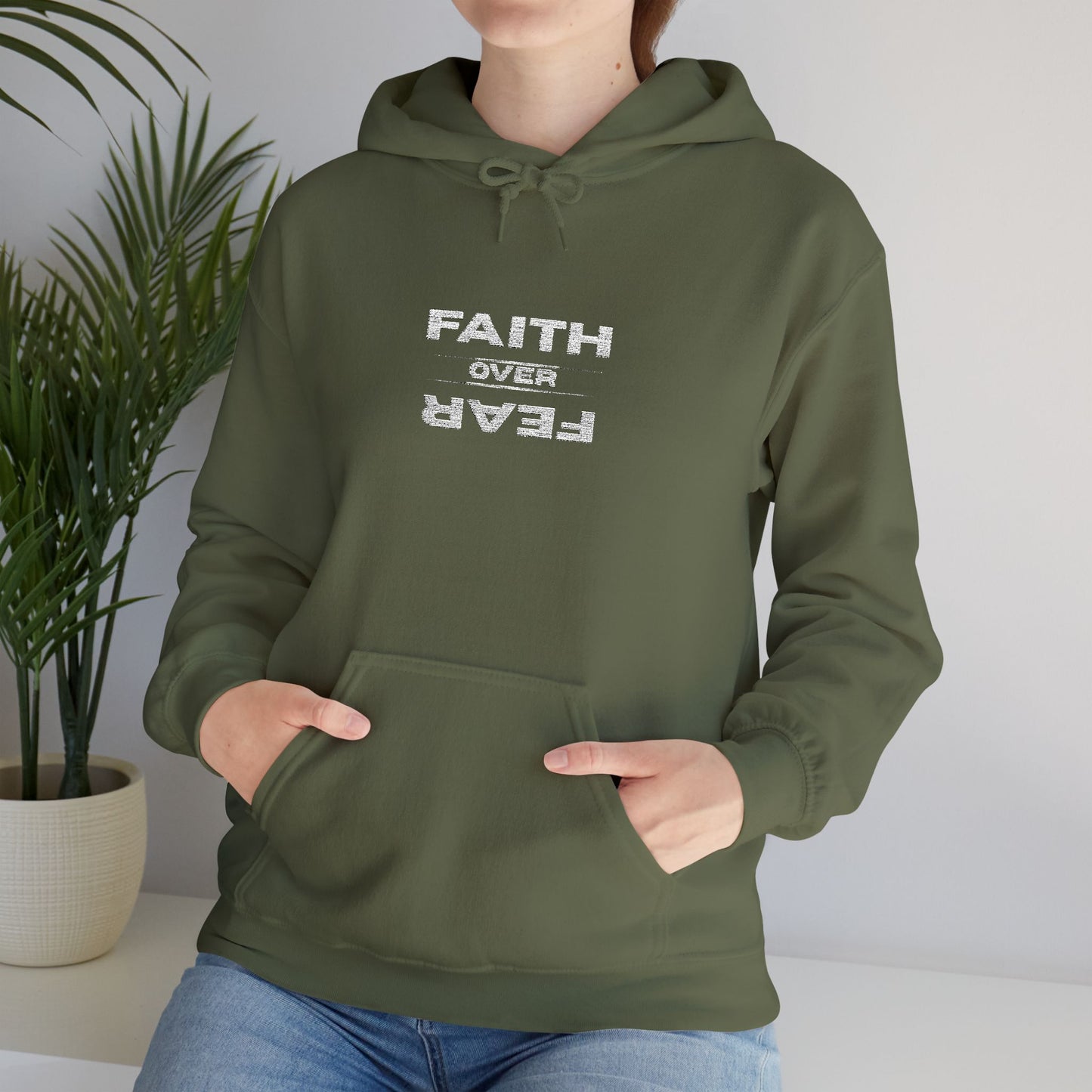 Embroidered "Faith Over Fear" Hoodie — Inspirational Christian Pullover White Lettering