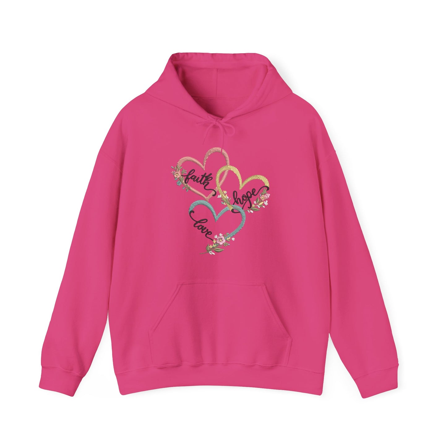 "Faith, Hope and Love" — Floral Heart Graphic Hooded Sweatshirt