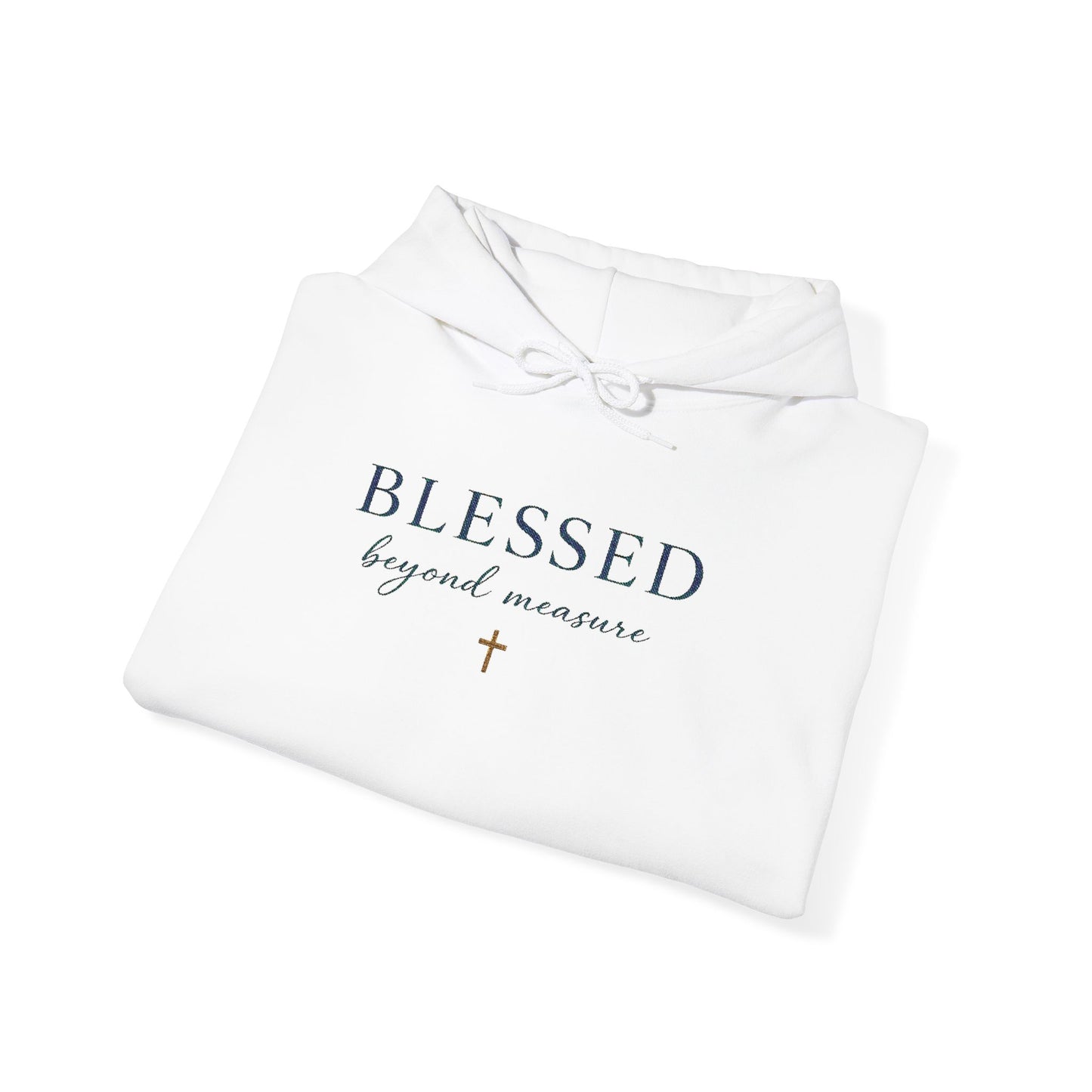 Embroidered "Blessed Beyond Measure" — Faith-Inspired White Pullover with Gold Cross