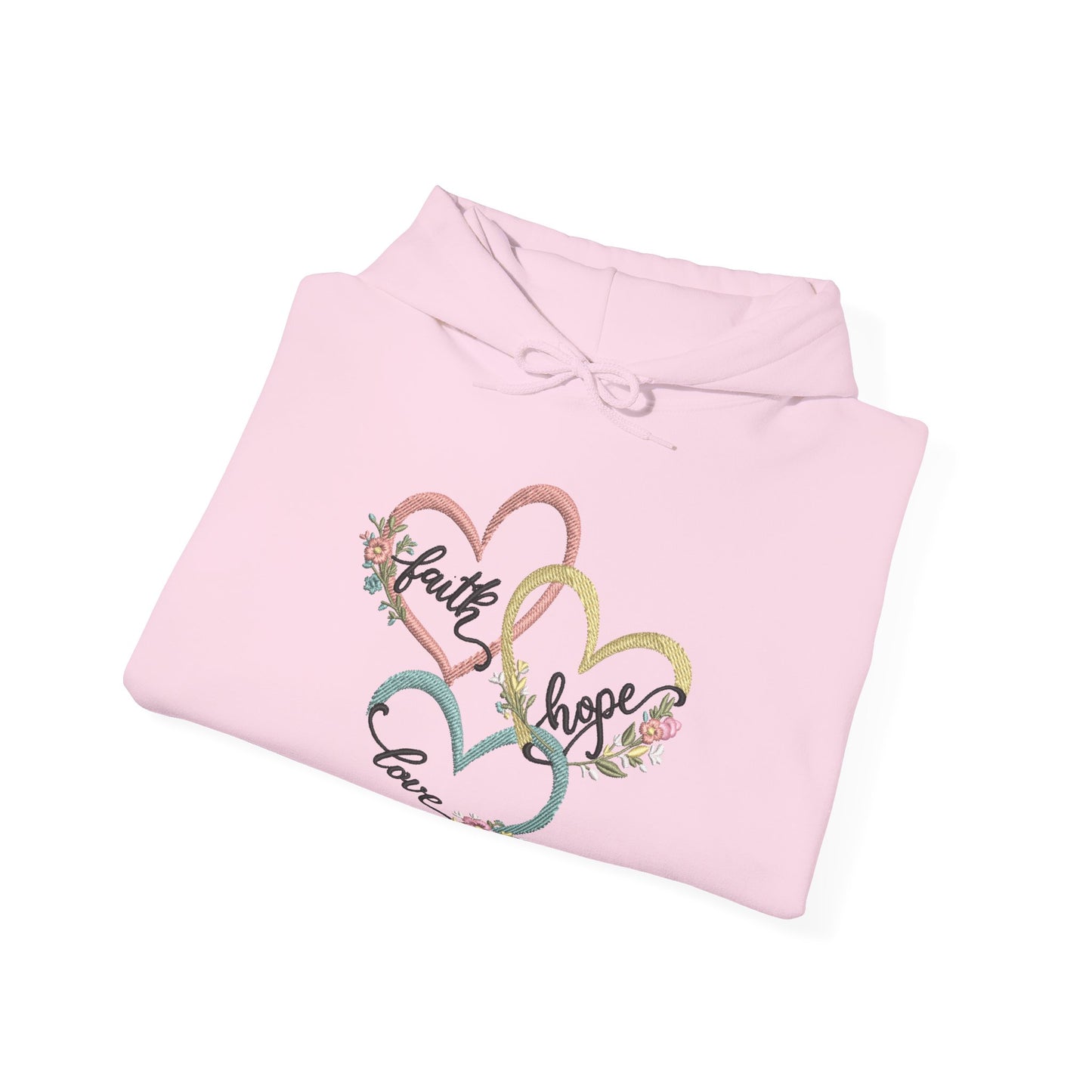 "Faith, Hope and Love" — Floral Heart Graphic Hooded Sweatshirt