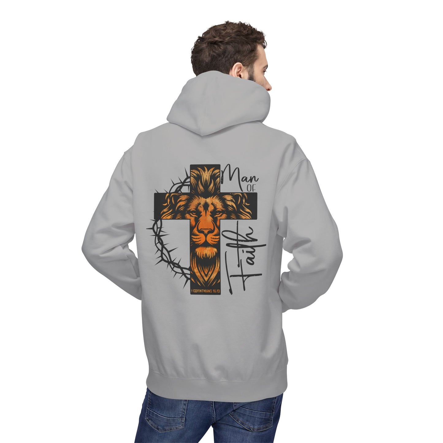 Faith Lion Cross Hoodie — “Man of Faith” Christian Graphic Hoodie