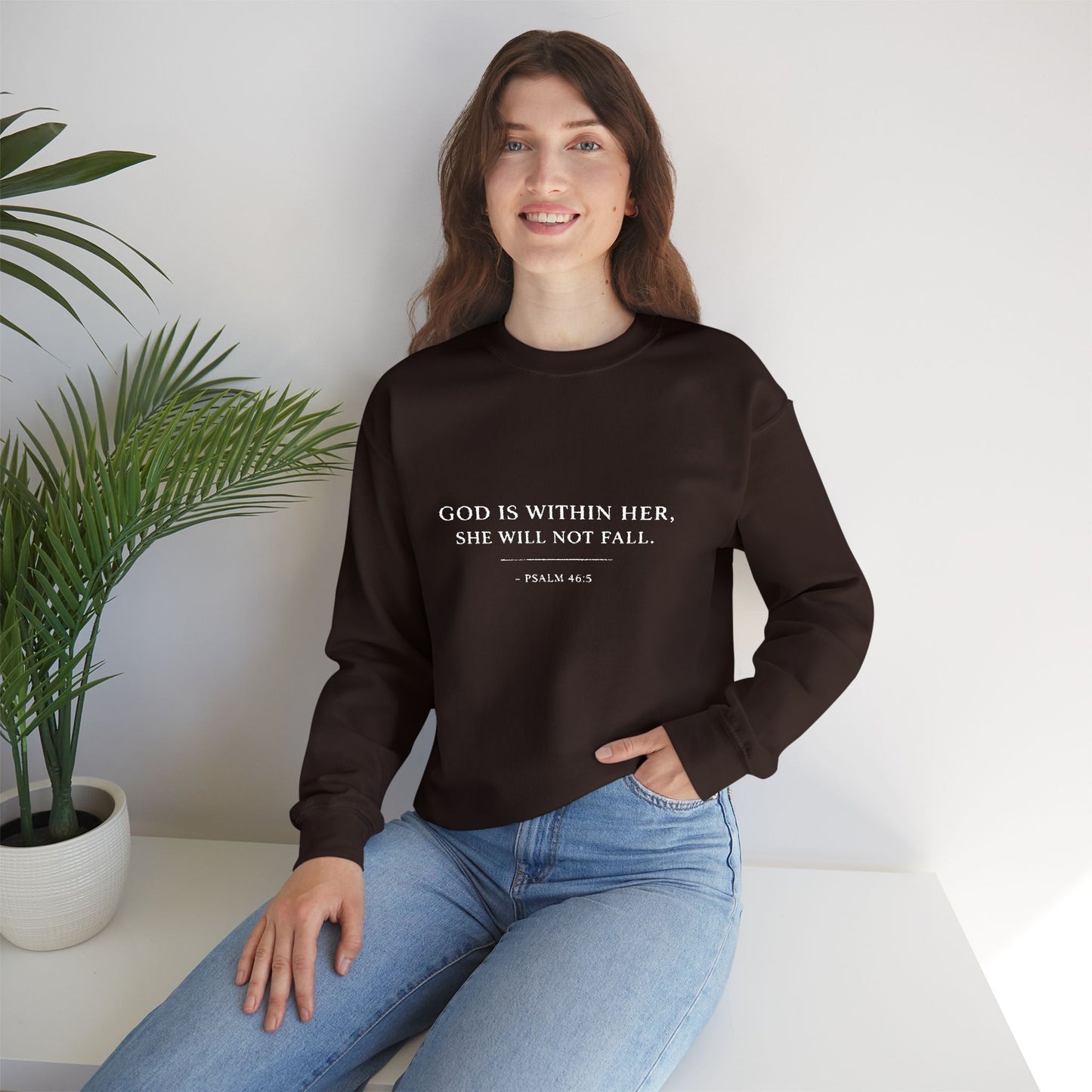Embroidered "God Is Within Her, She Will Not Fail" Bible Verse Christian Pullover w/white text