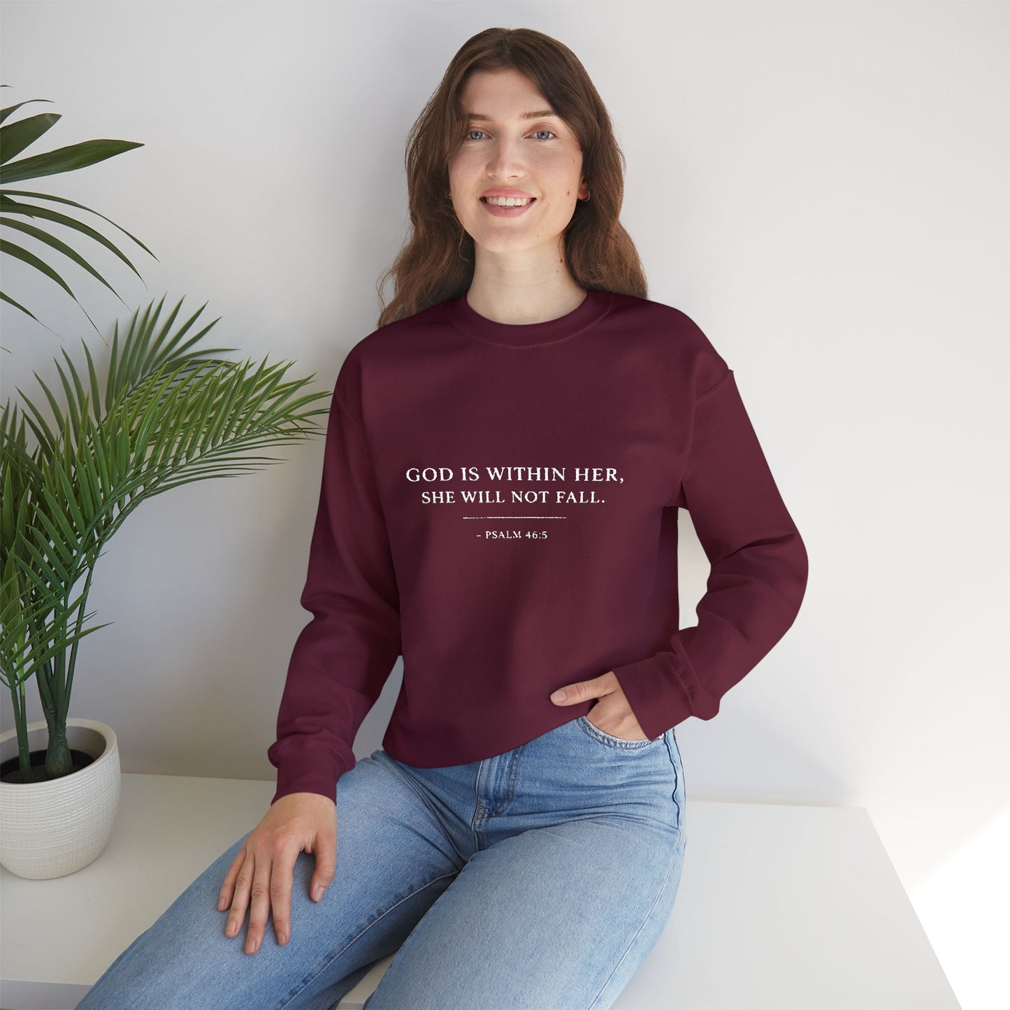 Embroidered "God Is Within Her, She Will Not Fail" Bible Verse Christian Pullover w/white text