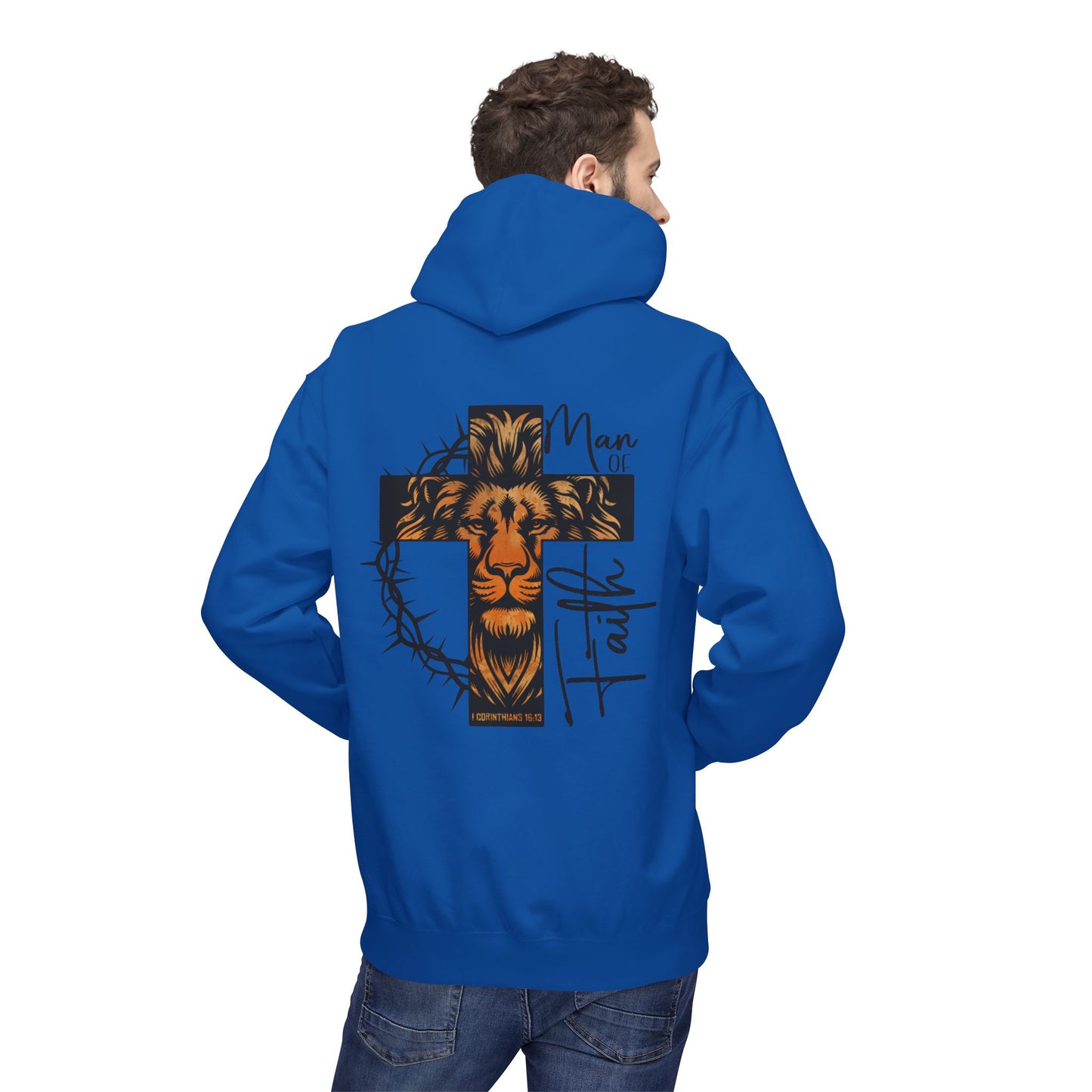 Faith Lion Cross Hoodie — “Man of Faith” Christian Graphic Hoodie