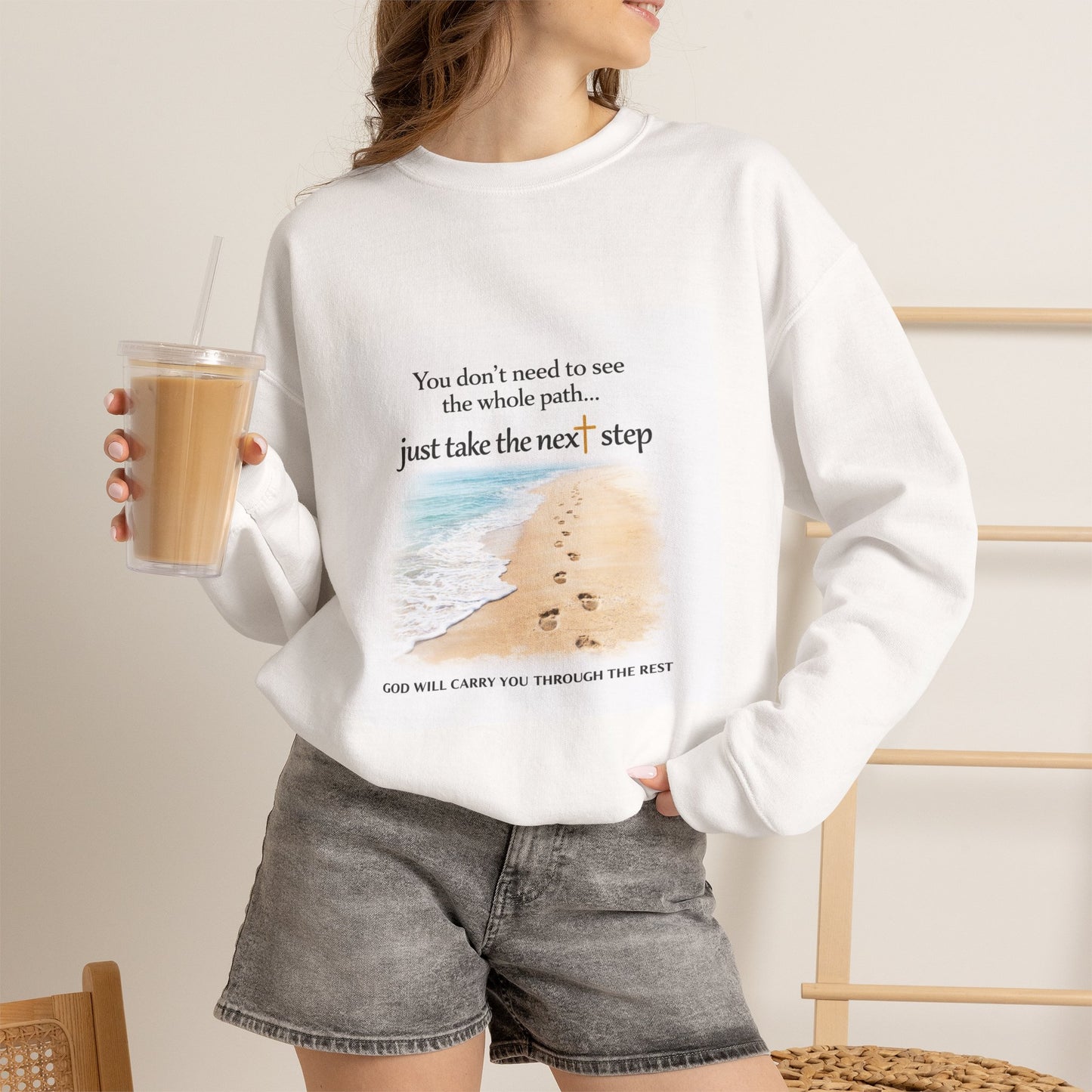 Christian Graphic Sweatshirt — “Just Take the Next Step” Garment-Dyed Faith Pullover