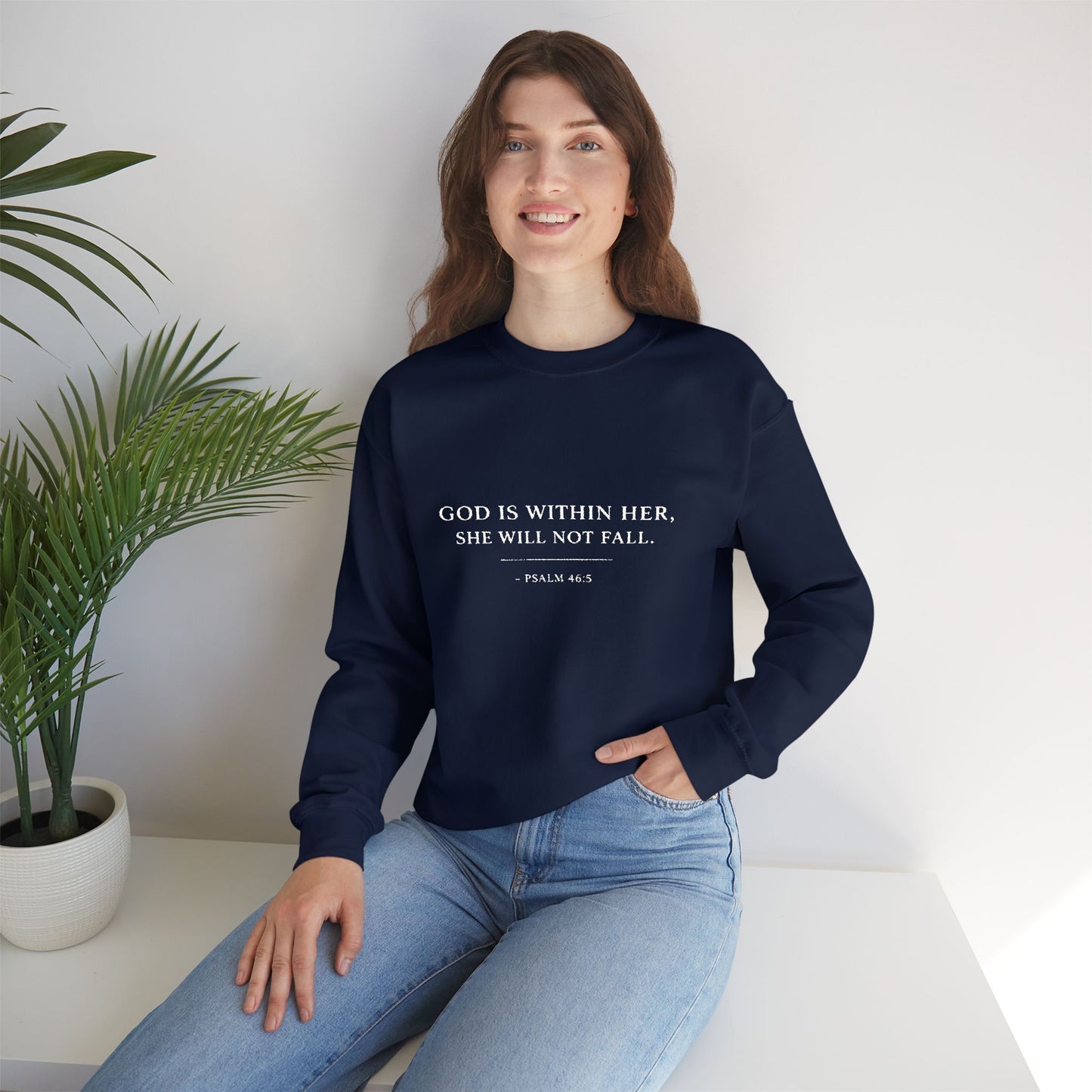 Embroidered "God Is Within Her, She Will Not Fail" Bible Verse Christian Pullover w/white text