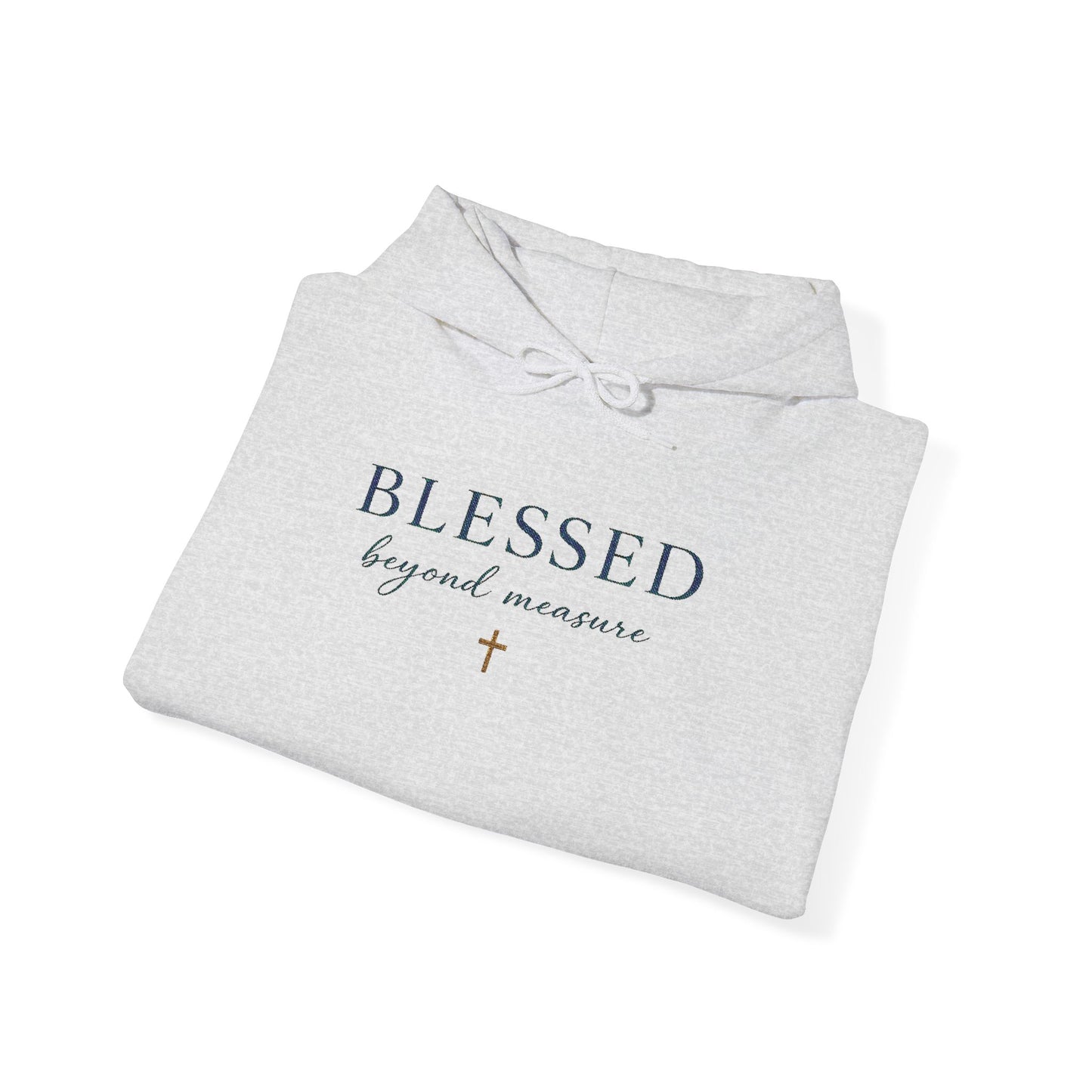 Embroidered "Blessed Beyond Measure" — Faith-Inspired White Pullover with Gold Cross