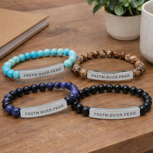 Engraved "Faith Over Fear" Natural Stone Stretch Bracelet