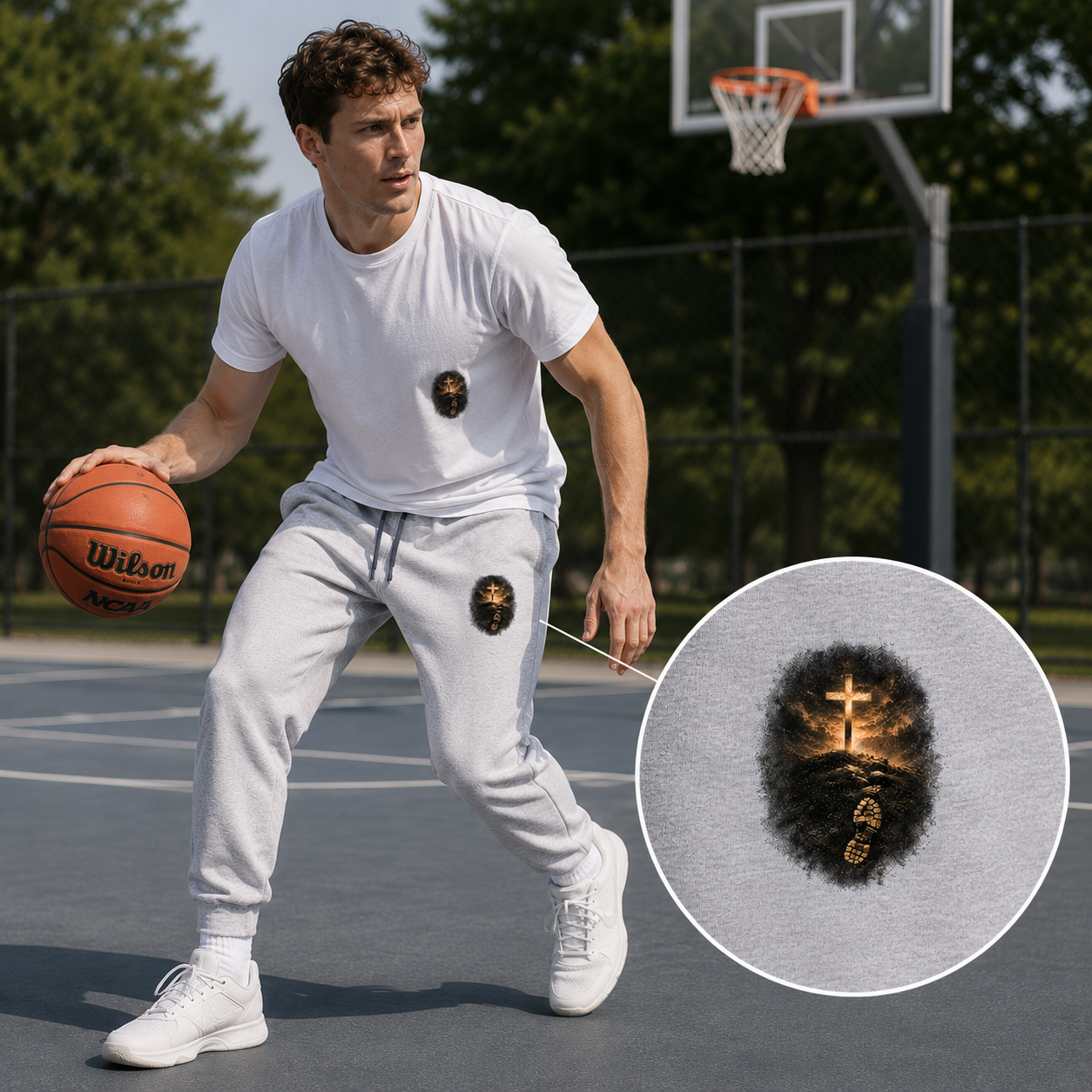 Faith Walk Embroidered Joggers — Cross & footprint Sweatpants