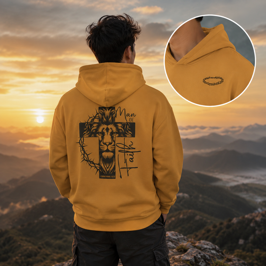 Faith Lion Cross Hoodie — “Man of Faith” Christian Graphic Hoodie
