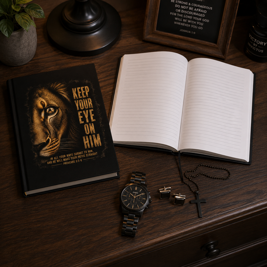 Keep Your Eye On Him Lion Hardcover Journal — Christian Prayer & Reflection Notebook (Proverbs 3:5–6)
