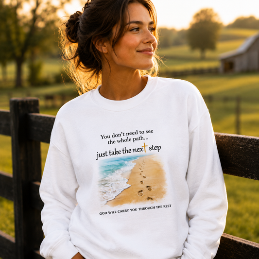 Christian Graphic Sweatshirt — “Just Take the Next Step” Garment-Dyed Faith Pullover