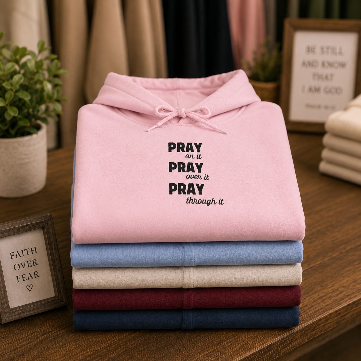 Embroidered Hoodie — “Pray On It, Pray Over It, Pray Through It” Minimalist Faith