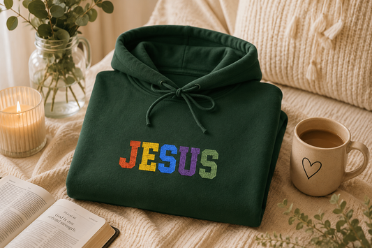 Embroidered Faith-Inspired “JESUS” Pullover Hoodie for Everyday Comfort