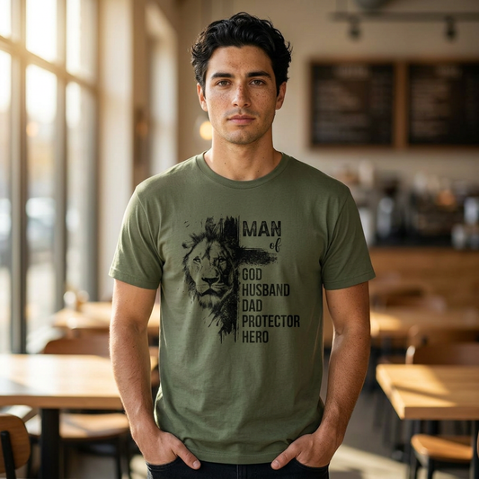"Man of God: Husband, Dad, Protector, Hero" - T-Shirt