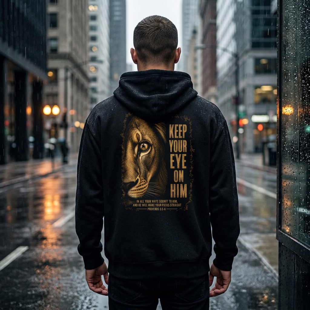Keep Your Eyes on Him Lion Hoodie — Christian Proverbs Faith Sweatshirt