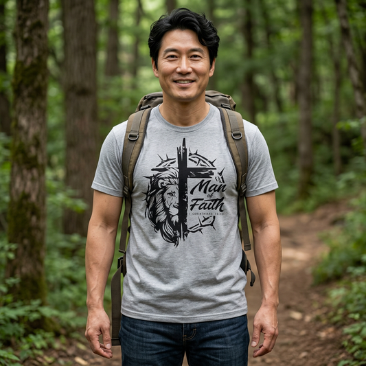 Faith Lion Cross T-Shirt — "Man of Faith" Christian Graphic Tee