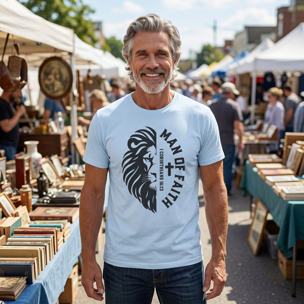 "Man of Faith" Lion T-Shirt — Christian Faith Tee (1 Corinthians 16:13)