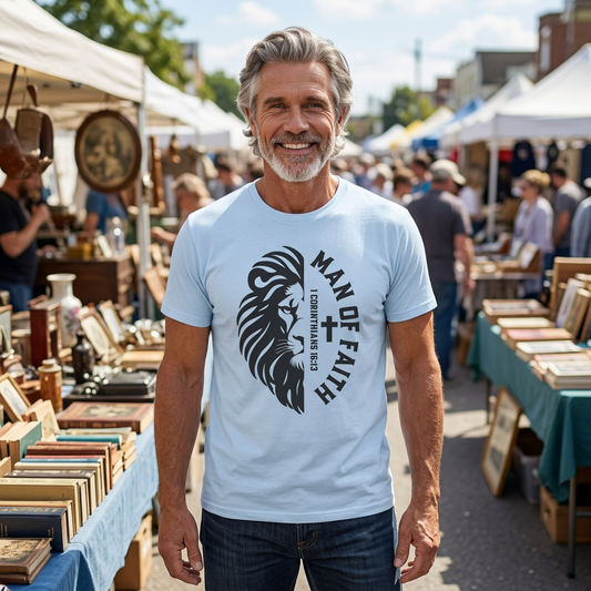 "Man of Faith" Lion T-Shirt — Christian Faith Tee (1 Corinthians 16:13)