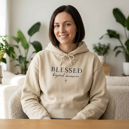 Embroidered "Blessed Beyond Measure" — Faith-Inspired White Pullover with Gold Cross