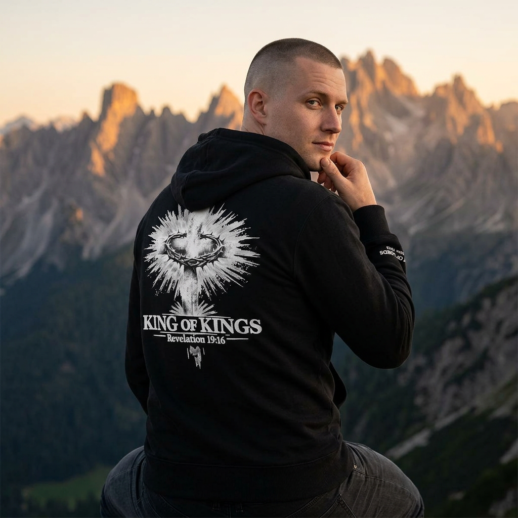 'King of Kings' Full-Zip Hoodie - Revelation 19:16 Cross Back Design