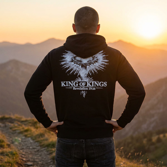 'King of Kings' Full-Zip Hoodie - Revelation 19:16 Cross Back Design