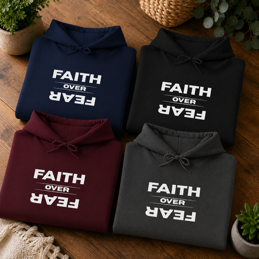 Embroidered "Faith Over Fear" Hoodie — Inspirational Christian Pullover White Lettering