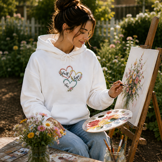 "Faith, Hope and Love" — Floral Heart Graphic Hooded Sweatshirt