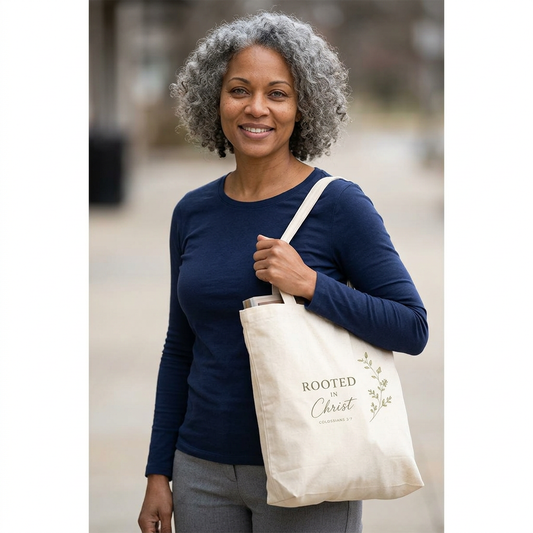 “Rooted in Christ” Canvas Tote Bag — Faith-Based Eco Grocery & Church Tote